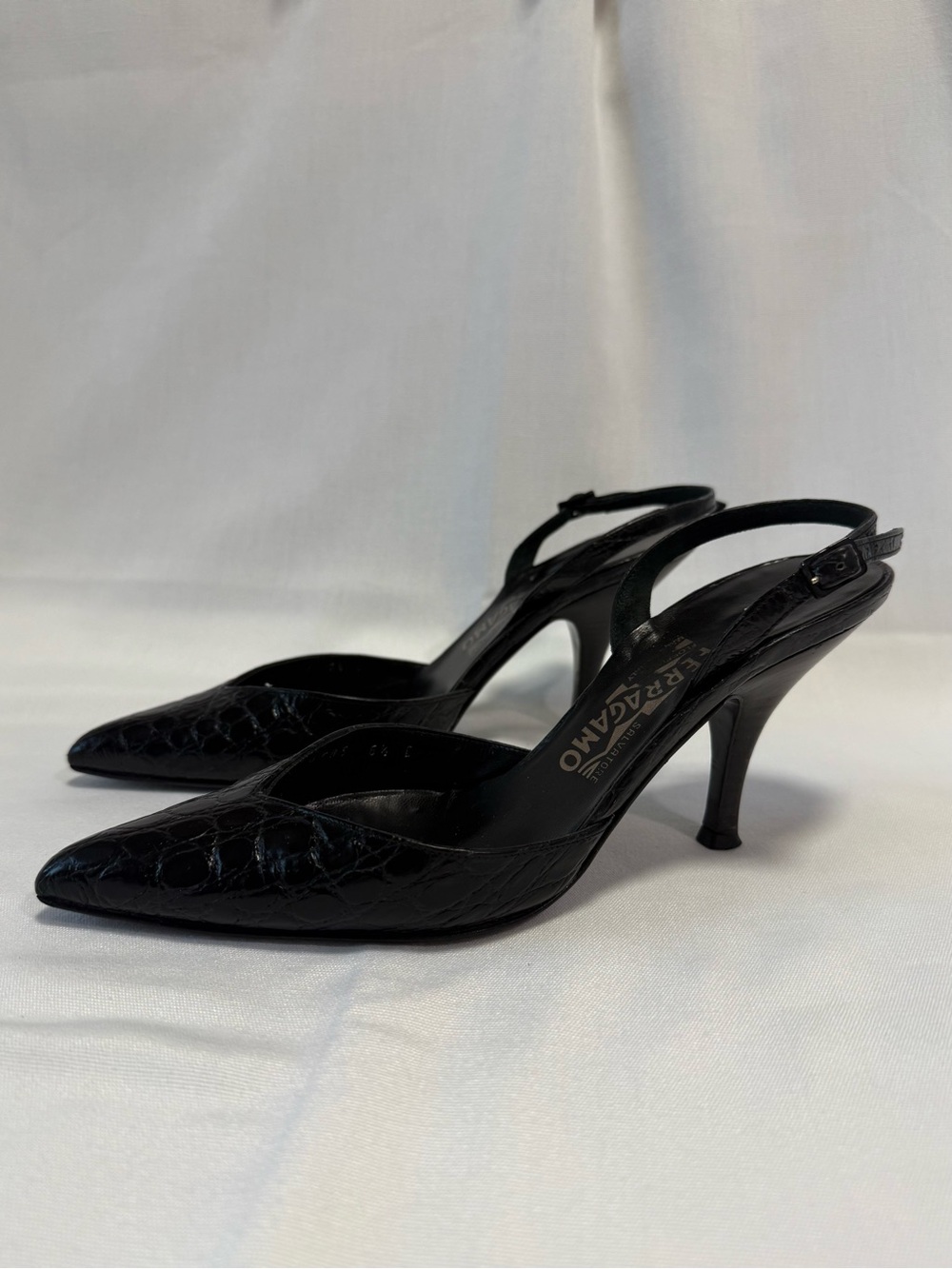 Salvatore Ferragamo Black Croc-Embossed Pointed Slingback Heels - Picture 5 of 5